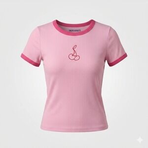 Thereabouts Girls Pink Ribbed Ringer T-Shirt Cherry‎ Embroidered Short Sleeve XL